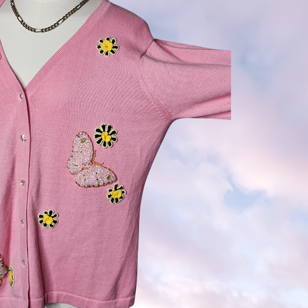 Vtg 80 90s Storybook Knit Pink Yellow Butterfly Flower Coquette Spring Sweater M - Picture 3 of 7